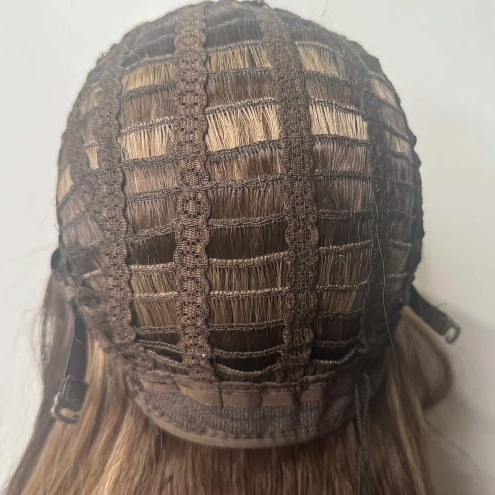 Long Brown Highlight Wig with Bangs Layered Wavy Synthetic Hair Adjustable Cap
